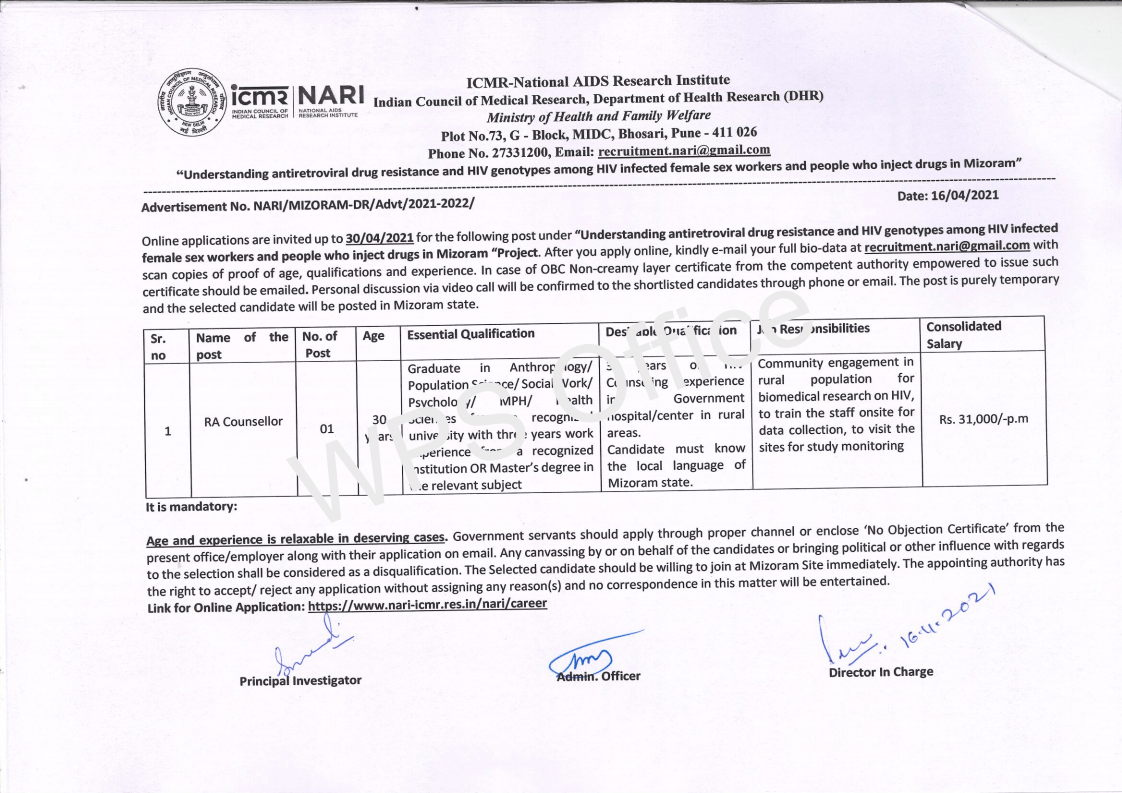 Application for the post of RA Counsellor under ICMR-NARI